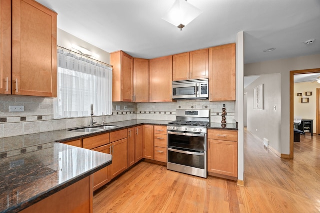 kitchen with baseboards, appliances with stainless steel finishes, dark stone countertops, light wood-style floors, and a sink