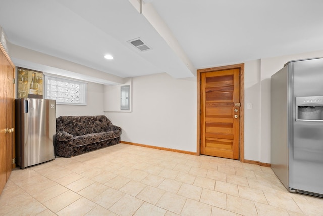 sitting room featuring recessed lighting, electric panel, visible vents, and baseboards