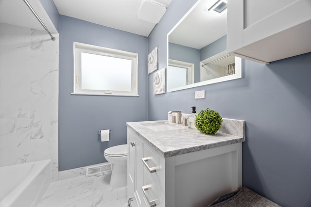 full bath featuring marble finish floor, visible vents, vanity, and toilet