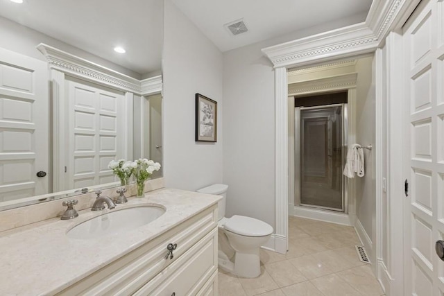 full bathroom featuring visible vents, toilet, a stall shower, tile patterned flooring, and vanity