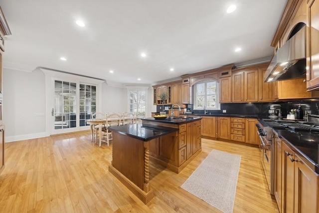 kitchen featuring ornamental molding, light wood-style flooring, range hood, and range with two ovens