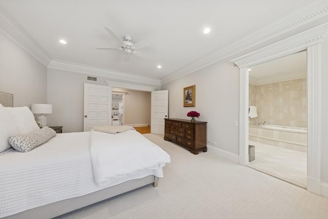 bedroom featuring visible vents, ornamental molding, recessed lighting, carpet, and baseboards