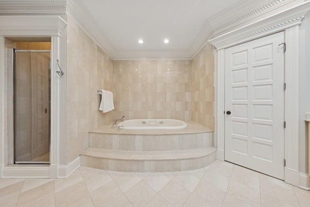 full bath with a garden tub, ornamental molding, a shower stall, tile walls, and tile patterned floors