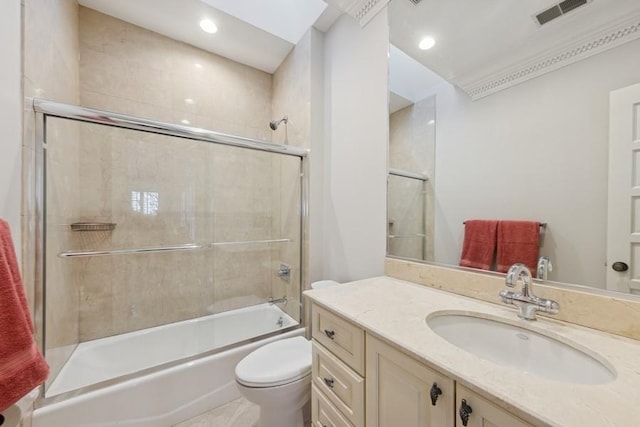 full bathroom featuring vanity, visible vents, recessed lighting, tub / shower combination, and toilet