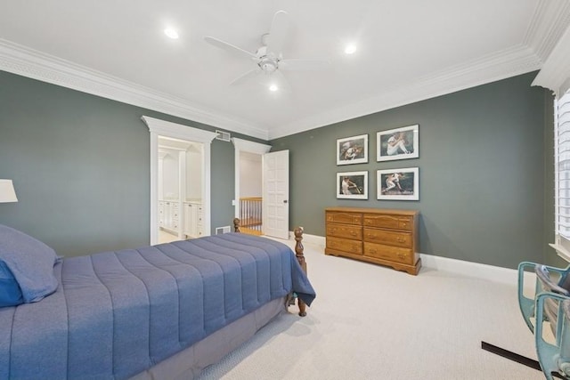 carpeted bedroom featuring recessed lighting, ceiling fan, crown molding, and baseboards