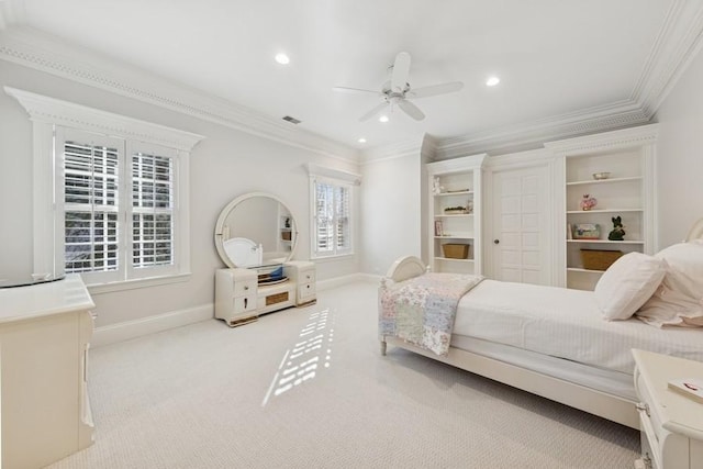 carpeted bedroom with recessed lighting, visible vents, baseboards, and ornamental molding