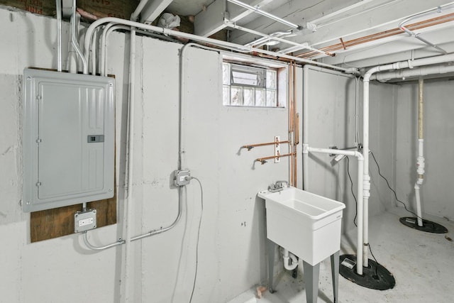 utility room with a sink and electric panel