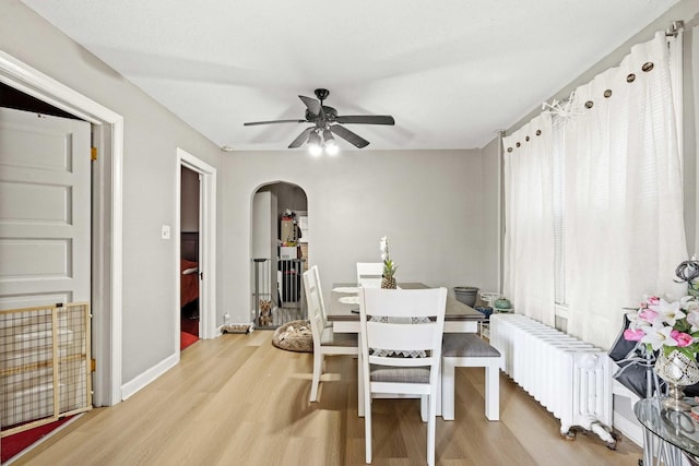 dining area with baseboards, arched walkways, radiator heating unit, and light wood finished floors