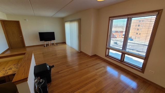 living room with light wood-type flooring and baseboards