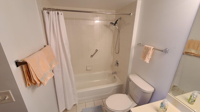 full bath featuring toilet, vanity, shower / tub combo with curtain, and tile patterned floors