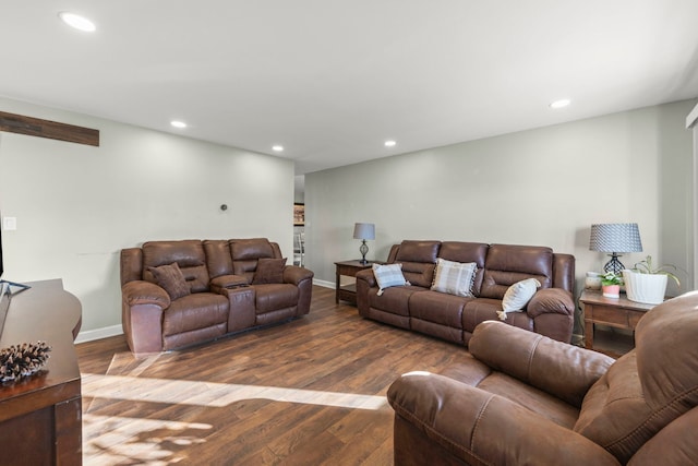 living area featuring baseboards, wood finished floors, and recessed lighting