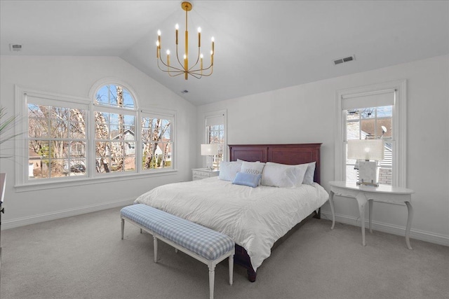 bedroom with baseboards, vaulted ceiling, an inviting chandelier, visible vents, and carpet