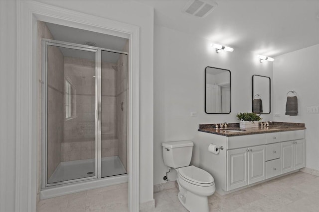 full bathroom with a sink, visible vents, toilet, and a shower stall