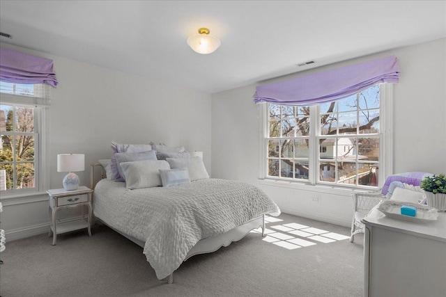 bedroom featuring baseboards, multiple windows, and carpet flooring
