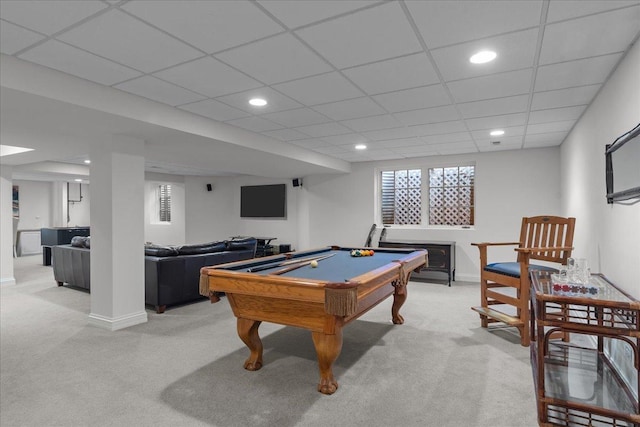 playroom with light carpet, pool table, baseboards, and recessed lighting