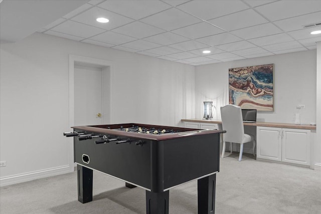 playroom with light carpet, baseboards, visible vents, and recessed lighting
