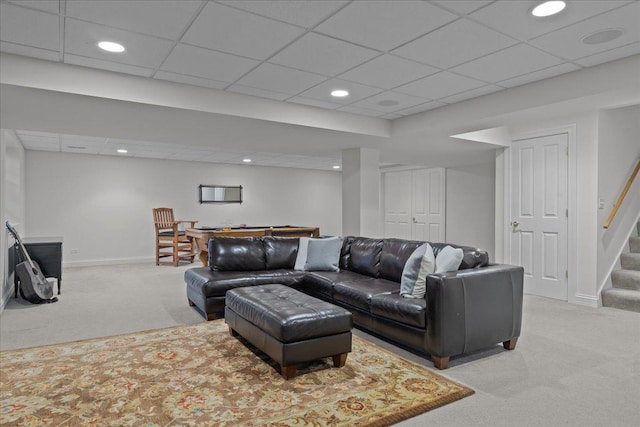 living room featuring stairway, recessed lighting, carpet flooring, and baseboards