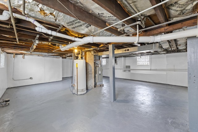 basement with heating unit and water heater