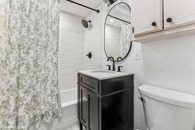 bathroom featuring shower / bath combo with shower curtain, toilet, and vanity