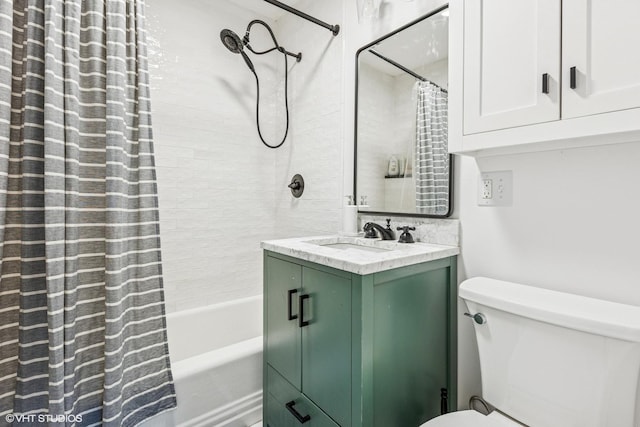 bathroom featuring shower / bathtub combination with curtain, toilet, and vanity