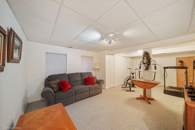 carpeted living room featuring baseboards and a drop ceiling