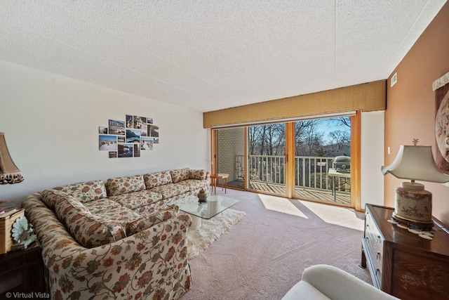 carpeted living room featuring a textured ceiling