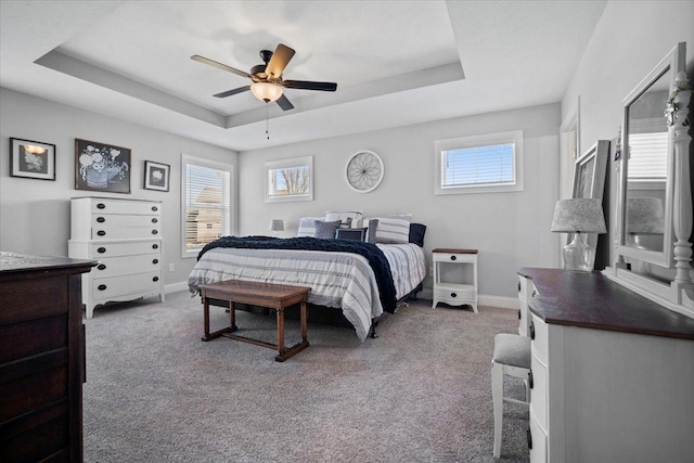 bedroom with baseboards, a raised ceiling, and carpet