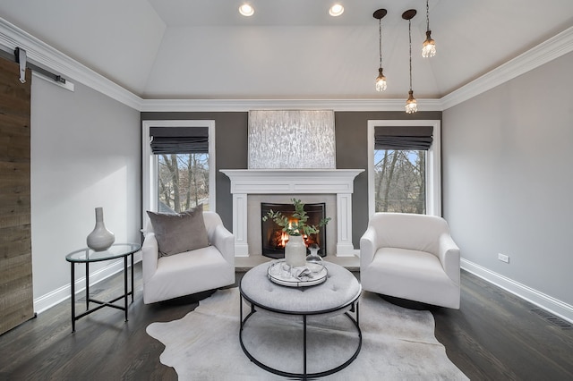 sitting room featuring baseboards, dark wood-type flooring, and vaulted ceiling