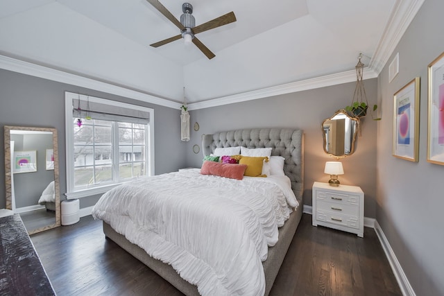 bedroom featuring visible vents, baseboards, and dark wood-style flooring