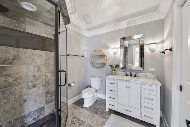 full bath featuring toilet, ornamental molding, and a shower stall