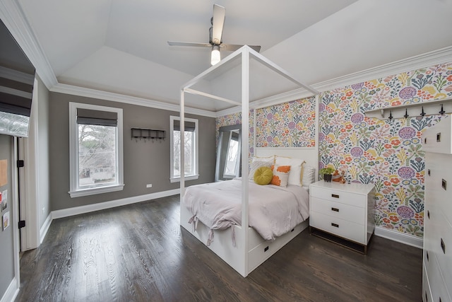 bedroom featuring dark wood-style floors, baseboards, and ornamental molding