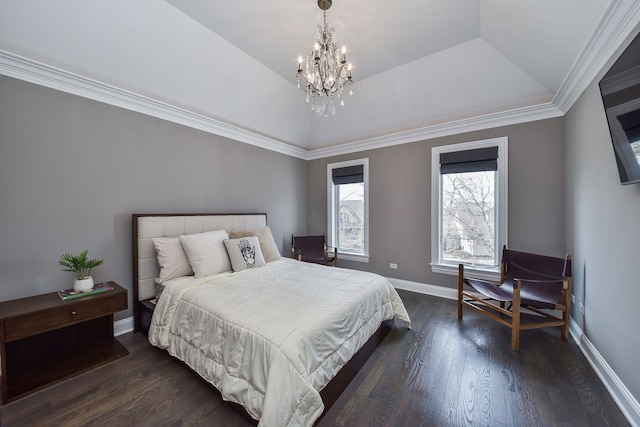 bedroom with baseboards, lofted ceiling, an inviting chandelier, and dark wood-style flooring