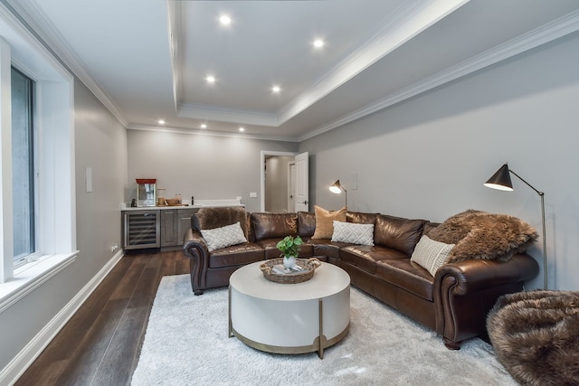 living room with wine cooler, ornamental molding, hardwood / wood-style floors, wet bar, and a raised ceiling