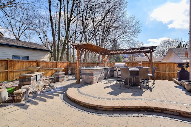 view of patio / terrace with area for grilling, outdoor dining area, a fenced backyard, and a pergola