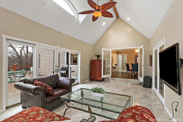 living area featuring french doors, high vaulted ceiling, and ceiling fan