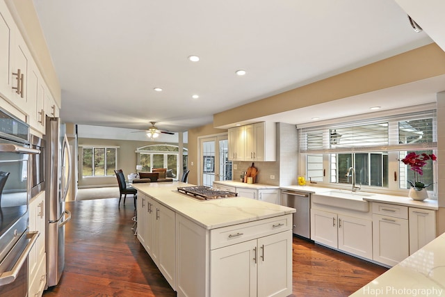 kitchen featuring tasteful backsplash, a kitchen island, dark wood-type flooring, appliances with stainless steel finishes, and a sink