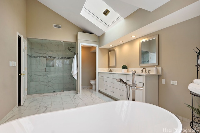 full bath featuring visible vents, a shower stall, lofted ceiling with skylight, toilet, and marble finish floor