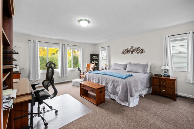 bedroom with carpet floors, visible vents, a textured ceiling, and baseboards