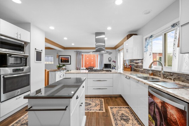 kitchen featuring island range hood, dark wood finished floors, appliances with stainless steel finishes, a sink, and backsplash