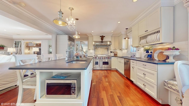 kitchen with dark countertops, under cabinet range hood, appliances with stainless steel finishes, and a sink