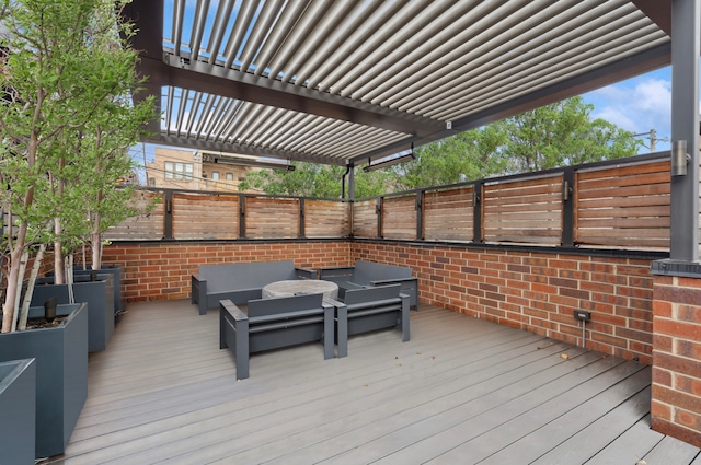 wooden deck featuring fence, outdoor lounge area, and a pergola