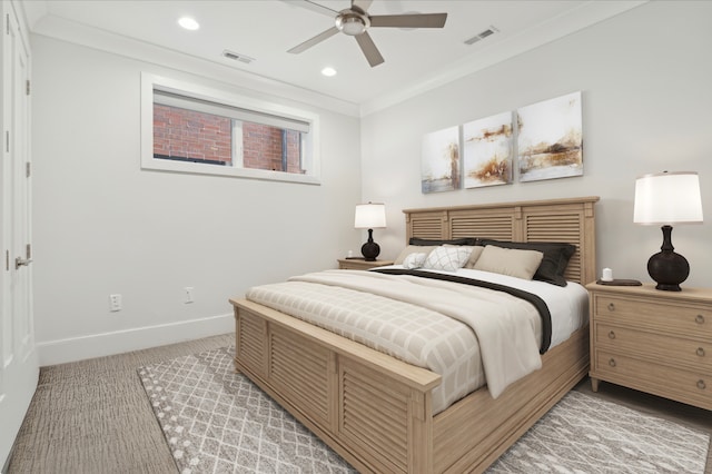 bedroom with recessed lighting, visible vents, baseboards, and crown molding