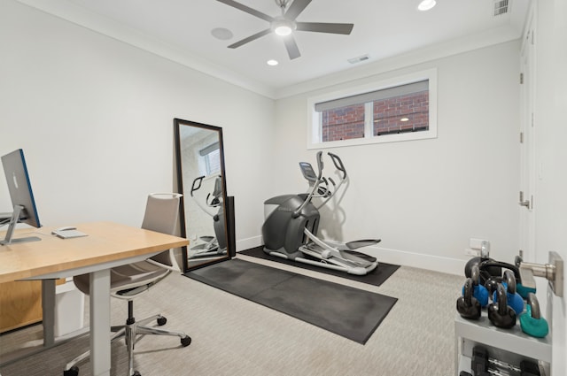 exercise room with recessed lighting, baseboards, visible vents, and ornamental molding