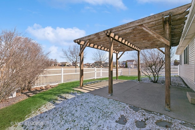 view of patio / terrace featuring a fenced backyard and a pergola