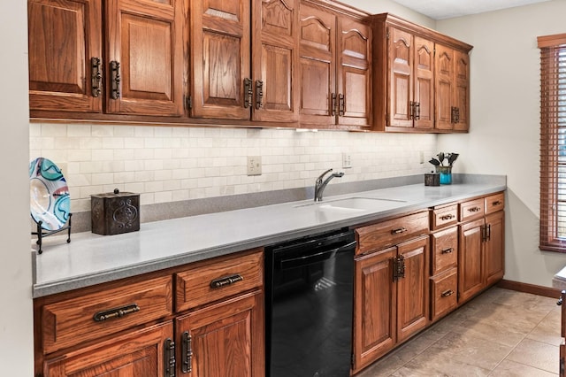 kitchen with a sink, brown cabinets, tasteful backsplash, and dishwasher