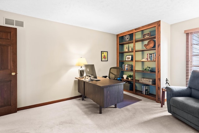 office space featuring carpet flooring, baseboards, and visible vents