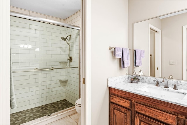 bathroom featuring vanity, a shower stall, and toilet