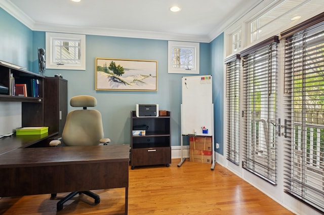 384 Provident Ave, Winnetka, IL 60093 - office area with ornamental molding, recessed lighting, wood finished floors, and healthy amount of natural light