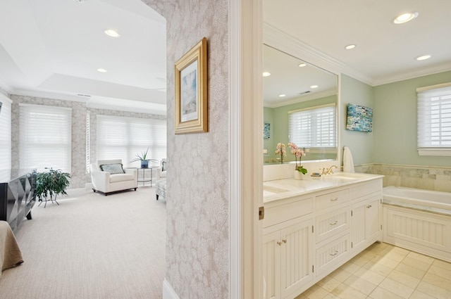 384 Provident Ave, Winnetka, IL 60093 - bathroom with plenty of natural light, ornamental molding, a bath, recessed lighting, and double vanity