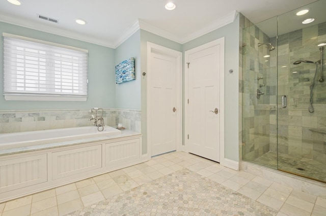 384 Provident Ave, Winnetka, IL 60093 - bathroom with ornamental molding, a shower stall, a bath, tile patterned floors, and recessed lighting